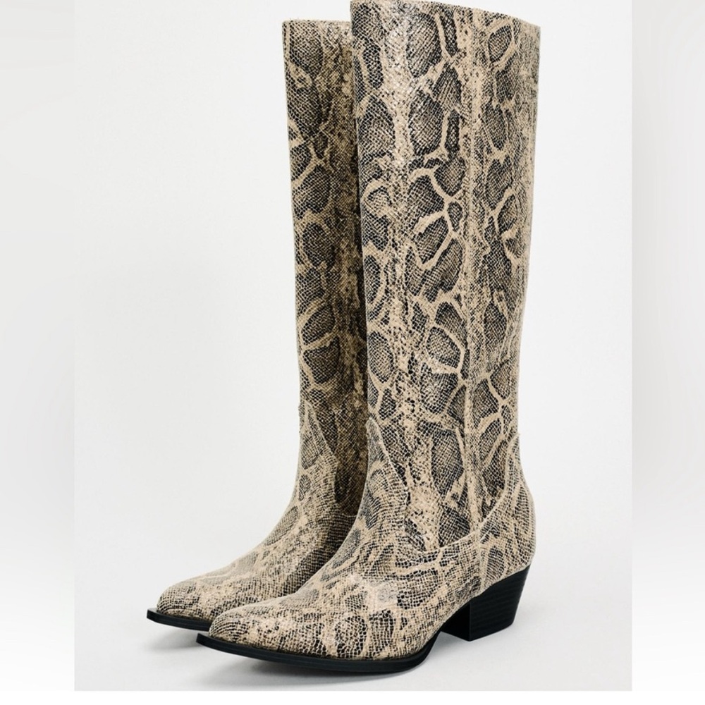 Zara Beige Snakeskin Knee-High Boots